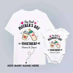 Mother and baby wearing personalized matching t-shirt and romper set for first Mother’s Day with custom names printed