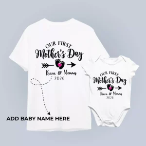 Mother and baby wearing personalized first Mother’s Day matching t-shirt and romper set with custom name and year