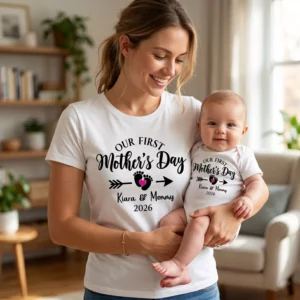 Mother and baby wearing personalized first Mother’s Day matching t-shirt and romper set with custom name and year