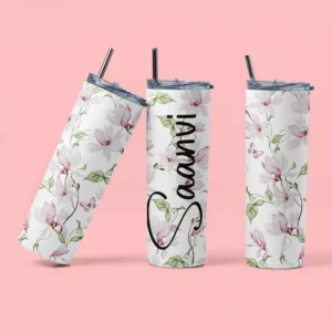 Personalized floral tumbler with custom name printed in elegant script, featuring a soft botanical design and reusable straw.