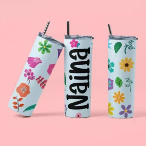 Custom floral tumbler with colorful flowers and personalized name printed on a slim drink cup with straw