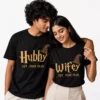 Couple wearing matching black personalized Hubby and Wifey t-shirts with wedding year text, designed as an anniversary gift for husband and wife.