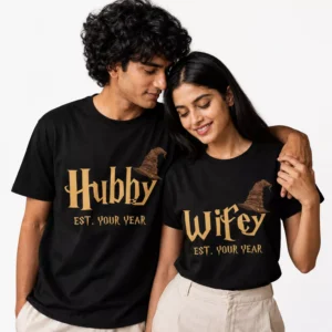 Couple wearing matching black personalized Hubby and Wifey t-shirts with wedding year text, designed as an anniversary gift for husband and wife.