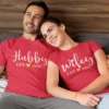 Couple wearing matching red hubby and wifey t-shirts with personalized EST year design, ideal for prewedding or anniversary
