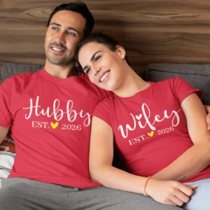 Couple wearing matching red hubby and wifey t-shirts with personalized EST year design, ideal for prewedding or anniversary