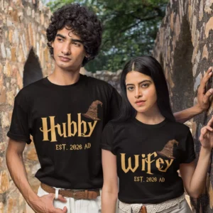 Couple wearing black personalized Hubby and Wifey T-shirts with custom wedding year printed for prewedding photoshoot