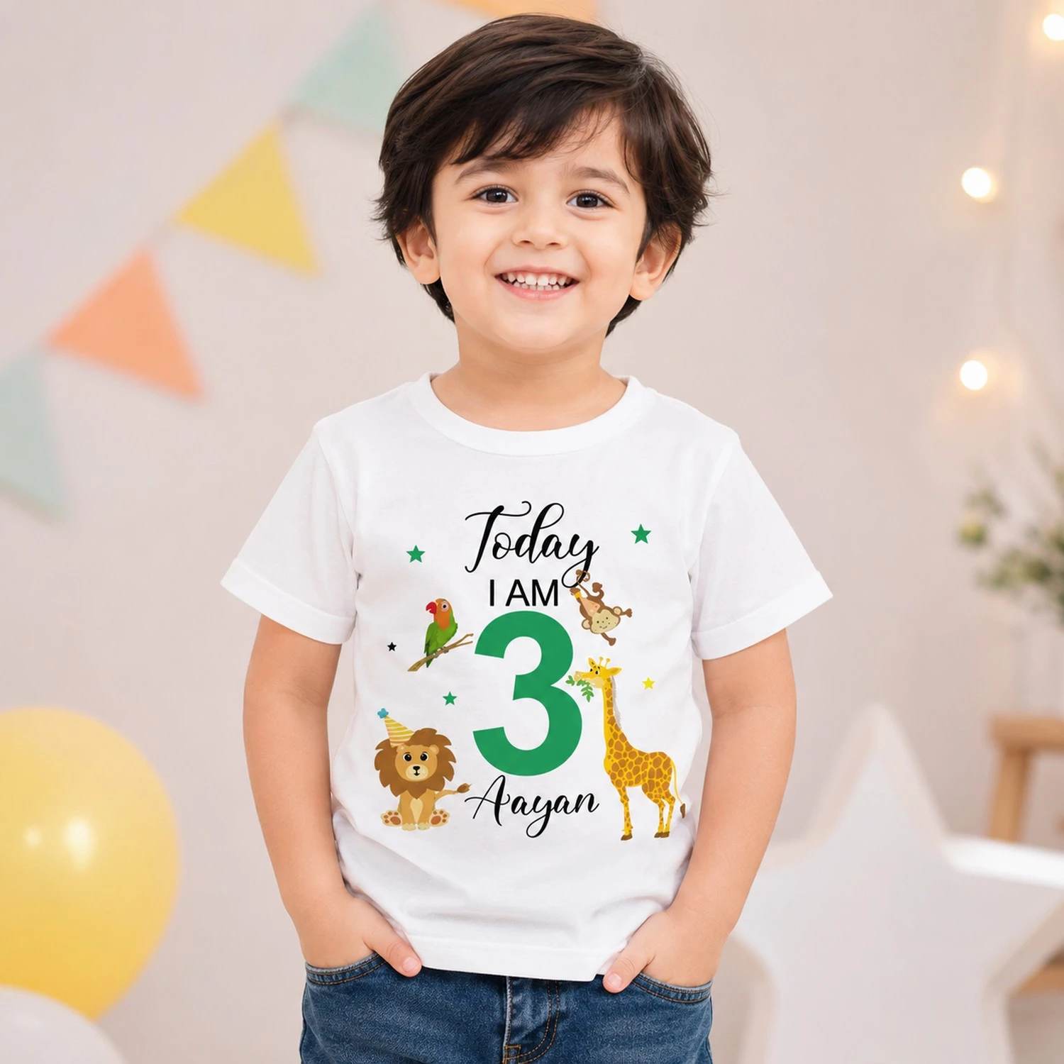 Kid wearing a personalized jungle safari birthday t-shirt with name Aayan and age 3 featuring lion, giraffe, and animal illustrations