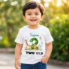 Toddler wearing a personalized jungle theme 2nd birthday T-shirt with name and Two Wild design featuring cute animals