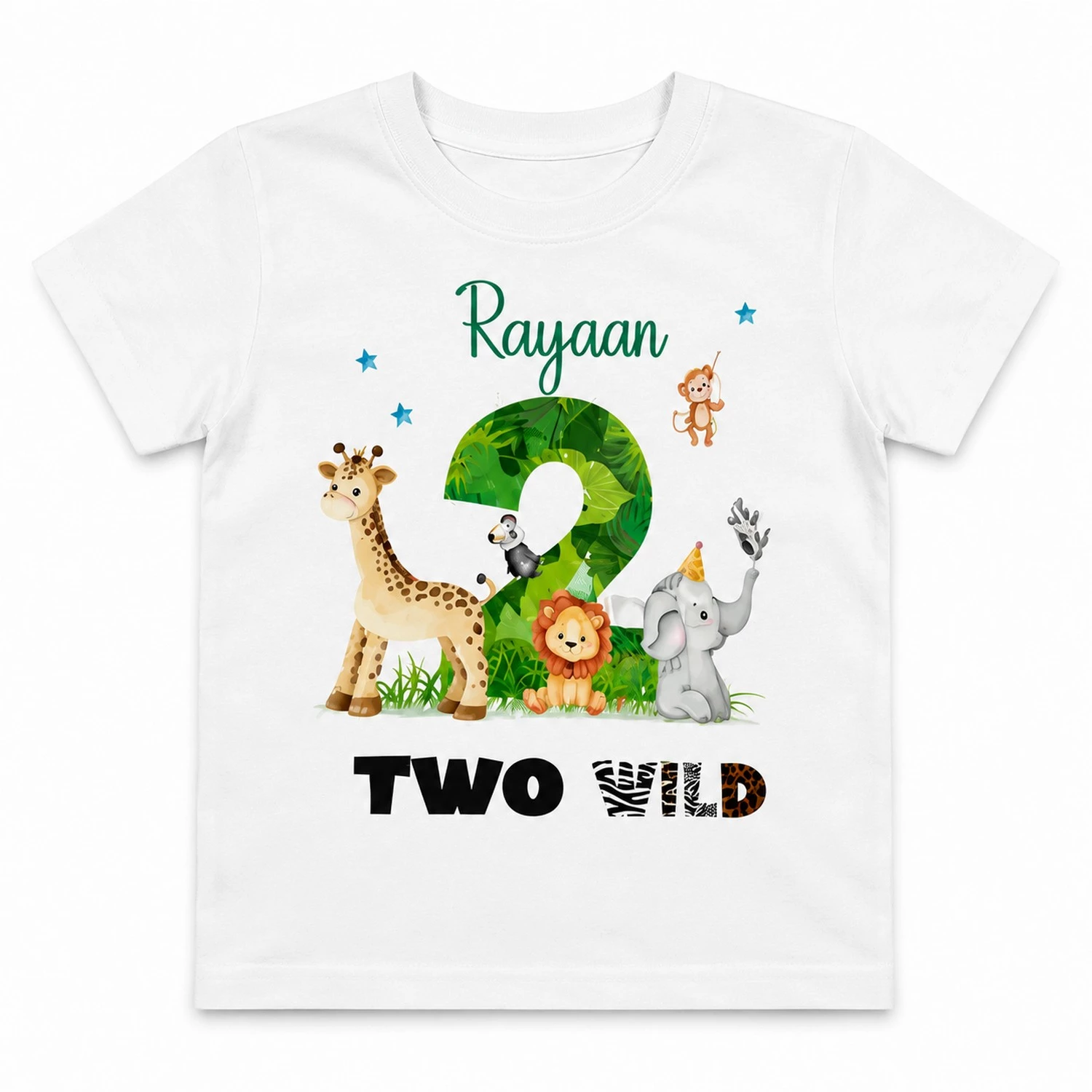 Personalized Two Wild 2nd Birthday T-Shirt with Name | Jungle Safari Kids Shirt - Image 2
