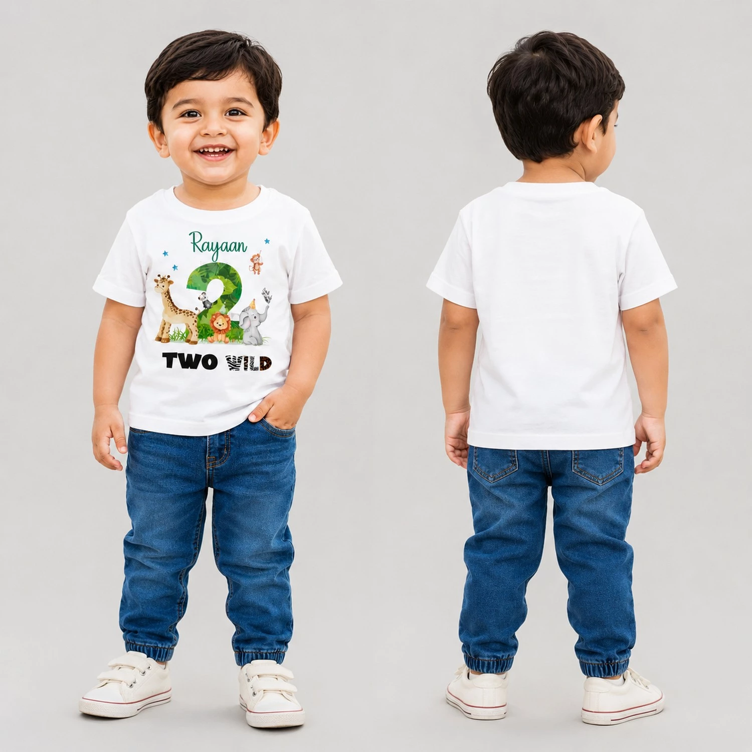 Personalized Two Wild 2nd Birthday T-Shirt with Name | Jungle Safari Kids Shirt - Image 4