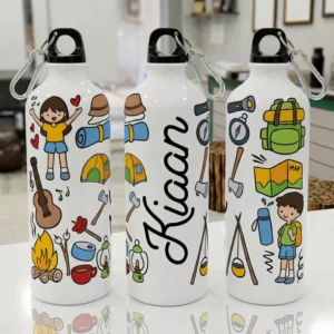 Personalized kids water bottle with custom name and colorful camping adventure design featuring tents, backpack, and outdoor elements