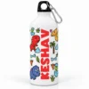Personalized kids aluminum sipper bottle with KESHAV name in bold red lettering, colorful dinosaur artwork, white glossy body, black clip cap, and silver carabiner.