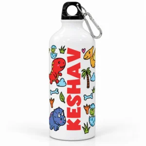 Personalized kids aluminum sipper bottle with KESHAV name in bold red lettering, colorful dinosaur artwork, white glossy body, black clip cap, and silver carabiner.