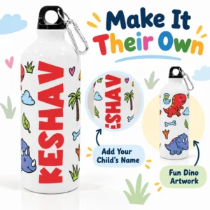 Personalized kids dinosaur bottle showing KESHAV name customization, a close-up of the red lettering, and another view of the same dinosaur artwork.