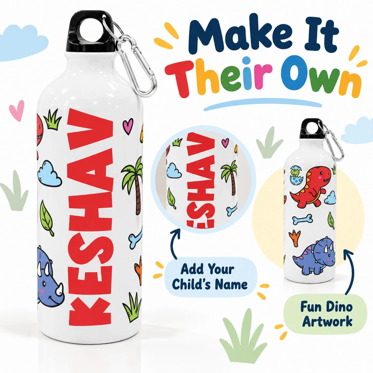 Personalized kids dinosaur bottle showing KESHAV name customization, a close-up of the red lettering, and another view of the same dinosaur artwork.