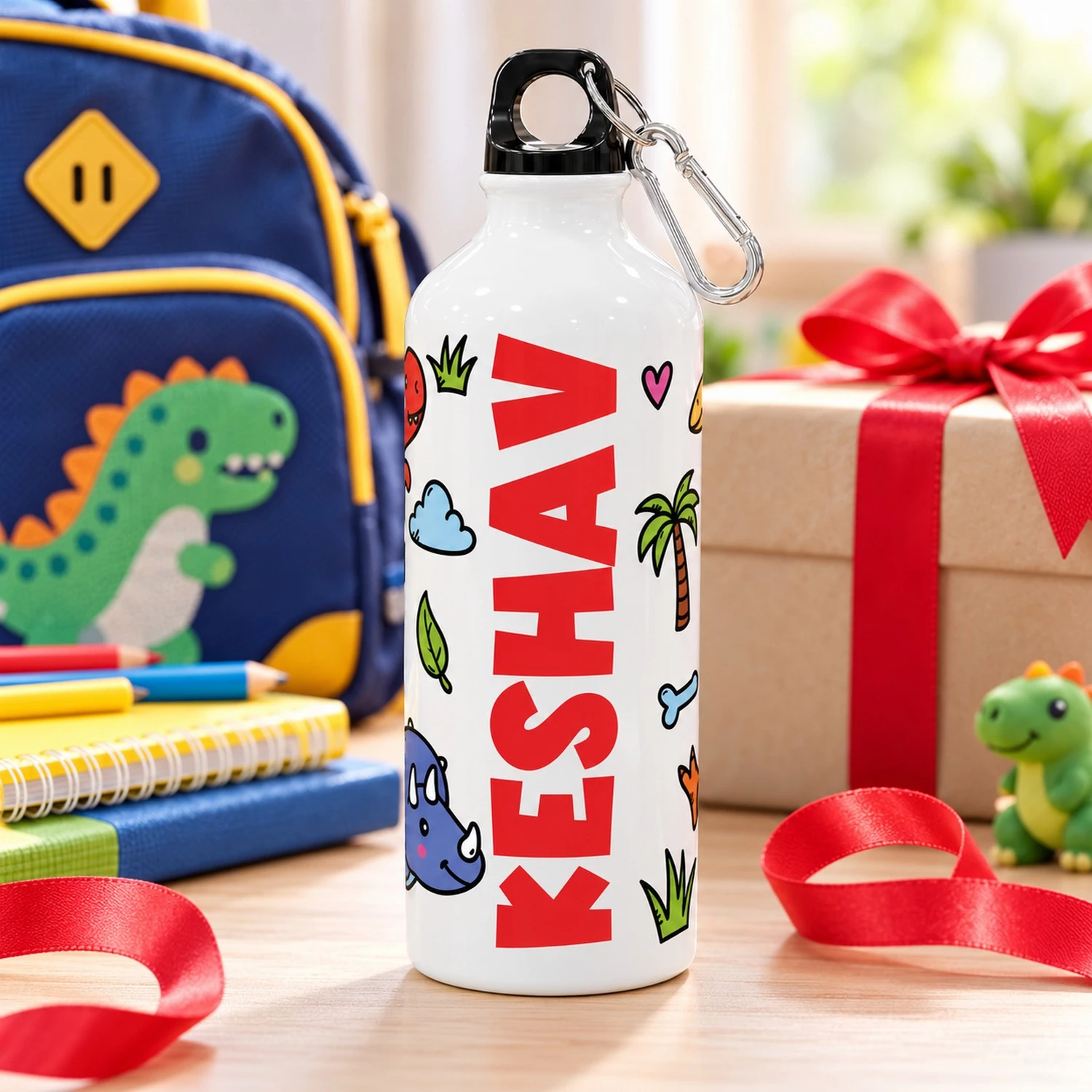 Personalized KESHAV dinosaur sipper bottle displayed with a gift box, red ribbon, dinosaur backpack, notebooks, and school supplies.
