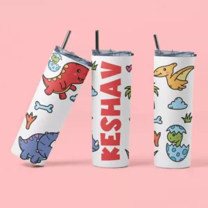Personalized kids tumbler with colorful cartoon dinosaur design and custom name printed, featuring a lid and straw for school use
