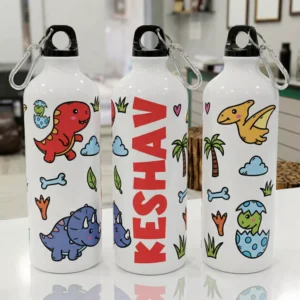 Personalized kids water bottle with cute dinosaur cartoon design and name printed vertically on white bottle