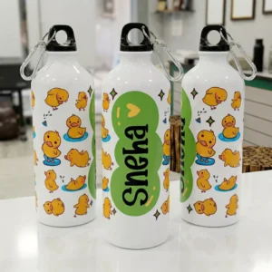 Personalized kids water bottle with name Sneha and cute duck cartoon design, ideal for school use and gifting