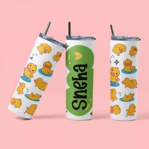 Personalized kids tumbler with cute duck cartoon design and custom name printed, featuring a straw lid for school and daily use