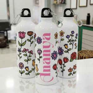 Personalized kids water bottle with colorful floral design and custom name printed, ideal for school and gifting