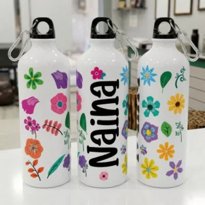 Personalized kids water bottle with colorful floral design and custom name printed on white metal bottle