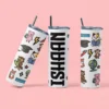 Personalized kids tumbler with custom name and cute school-themed cartoon design featuring animals and learning icons