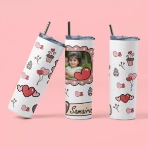 Personalized kids tumbler with photo and name featuring a cute heart design, ideal for girls birthday gifts and daily use