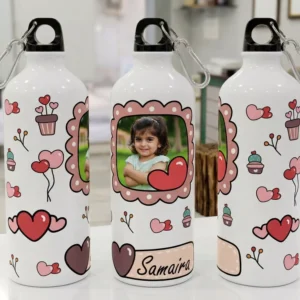 Personalized kids water bottle with photo and name featuring a cute heart design, ideal for school use and gifting