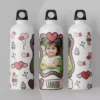 Personalized kids water bottle with photo and name featuring a cute heart-themed design and loop cap