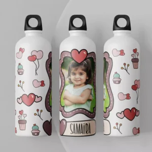 Personalized kids water bottle with photo and name featuring a cute heart-themed design and loop cap
