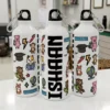 Personalized kids water bottle with name Ishaan printed in bold and cute cartoon school themed design with animals and icons