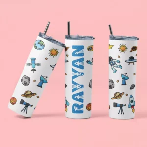 Personalized kids tumbler with space theme design featuring astronaut illustrations and custom name printed vertically