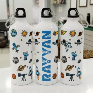 Personalized kids water bottle with space theme design featuring astronaut, rockets, and custom name print