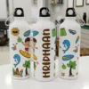 Personalized kids aluminum water bottle with beach theme cartoon design and custom name printed vertically