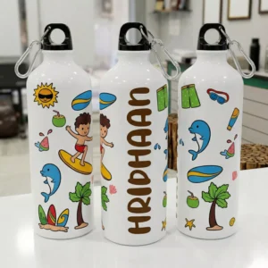 Personalized kids aluminum water bottle with beach theme cartoon design and custom name printed vertically