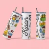 Personalized kids tumbler with name featuring colorful camping and travel illustrations including tent, guitar, backpack and map