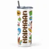 Personalized kids tumbler with the name RIDHAAN in brown vertical lettering, colorful summer beach illustrations, clear lid and metal straw.