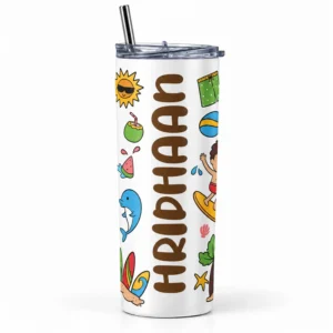 Personalized kids tumbler with the name RIDHAAN in brown vertical lettering, colorful summer beach illustrations, clear lid and metal straw.