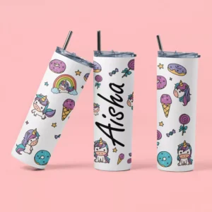 Personalized kids tumbler with unicorn, rainbow, candy illustrations and custom name printed on a white travel cup with straw