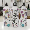 White kids water bottle with colorful unicorn and candy illustrations, customized with a child’s name printed vertically