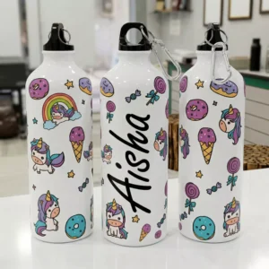 White kids water bottle with colorful unicorn and candy illustrations, customized with a child’s name printed vertically