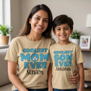 Personalized matching mom and kid T-shirts with custom names for Mother’s Day gifting