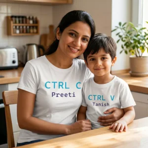 Personalized matching mom and kid T-shirts with custom names for Mother’s Day gift set