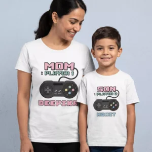 Personalized matching Mom and kid T-shirts with names for Mother’s Day gift celebration