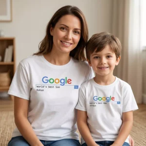 Personalized matching mom and kid T-shirts with custom names for Mother’s Day gift celebration