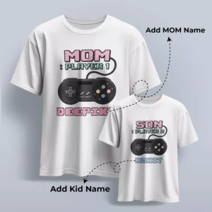 Personalized matching Mom and kid T-shirts with names for Mother’s Day gift celebration