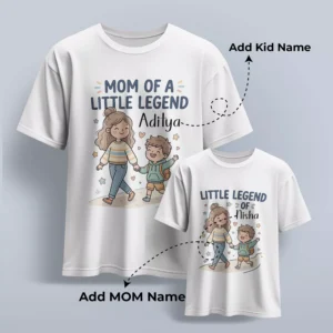Personalized matching mom and kid T-shirts with custom names for Mother’s Day gift celebration