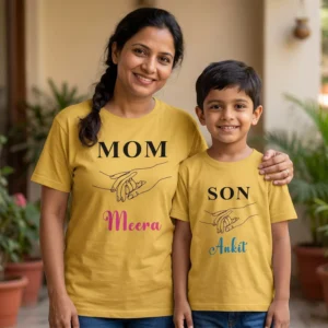 Personalized matching mom and son T shirts with custom names for Mother’s Day gift