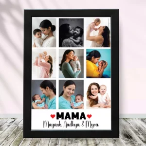 Personalized Mother’s Day photo collage frame with 9 photos and custom names printed below MAMA text, black frame gift for mom India